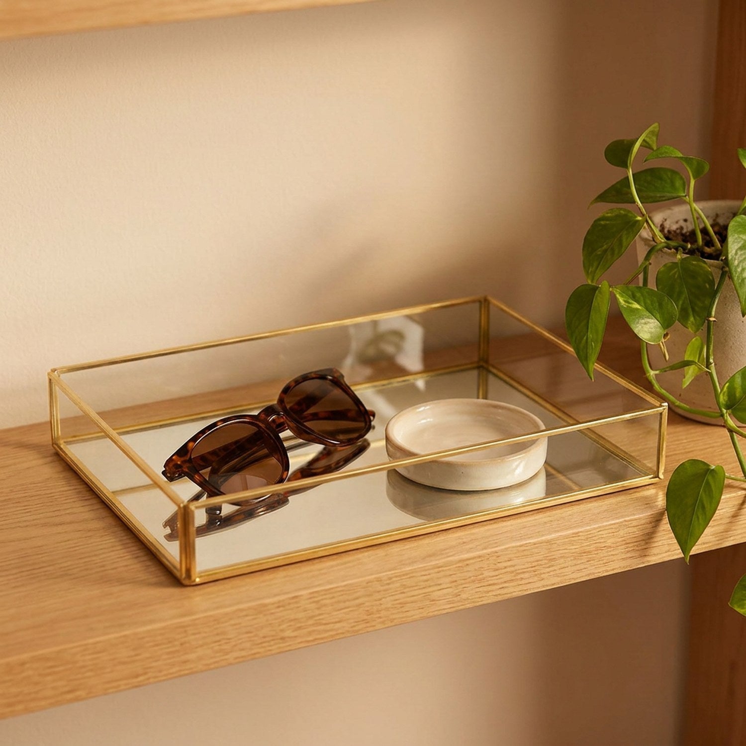 Plateau en verre et métal doré sur une étagère en bois avec des lunettes et une plante verte
