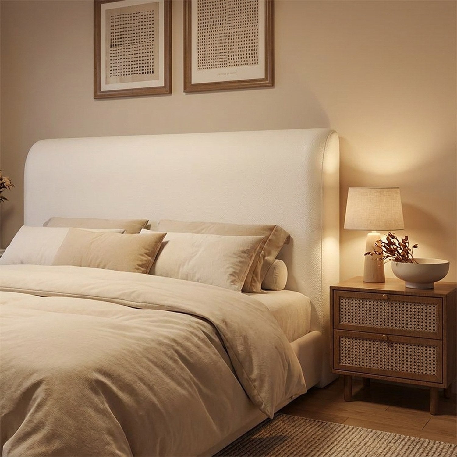 Housse de tête de lit effet cuir blanc dans une chambre cosy en soirée