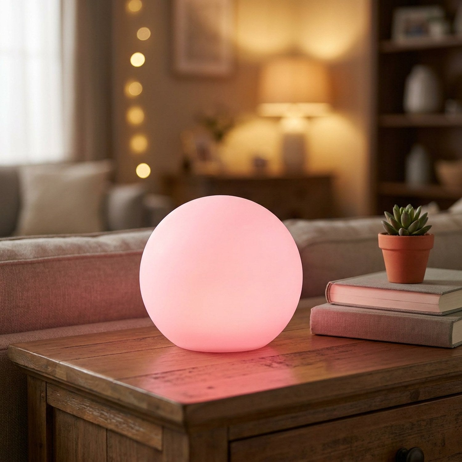Boule lumineuse LED allumée en rose posée sur une table de salon