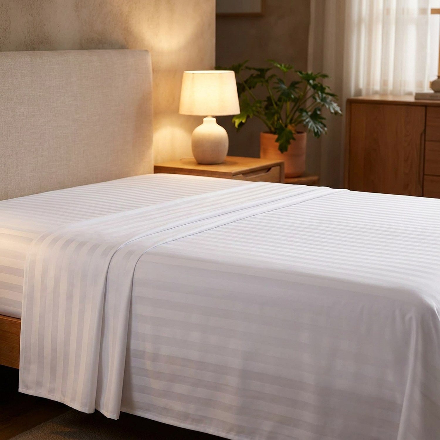 Drap plat rayé blanc sur un lit dans une chambre chaleureuse avec lampe de chevet