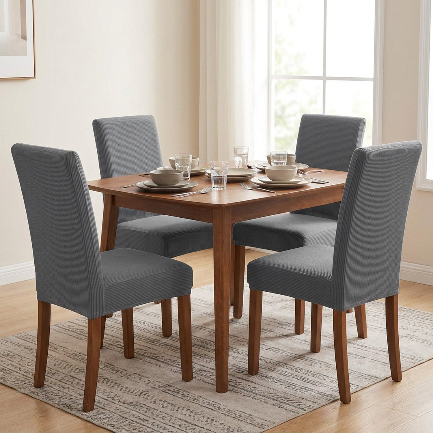 Quatre chaises de salle à manger habillées de housses grises autour d une table