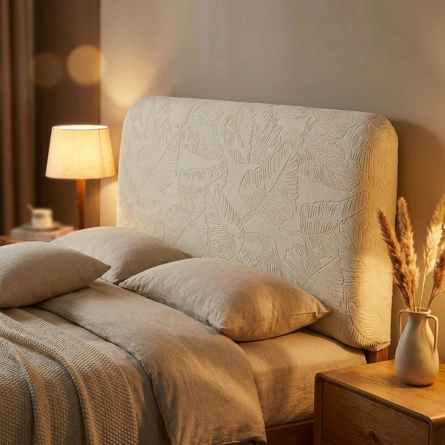 Housse de tête de lit beige posée sur un lit dans une chambre cocooning en soirée