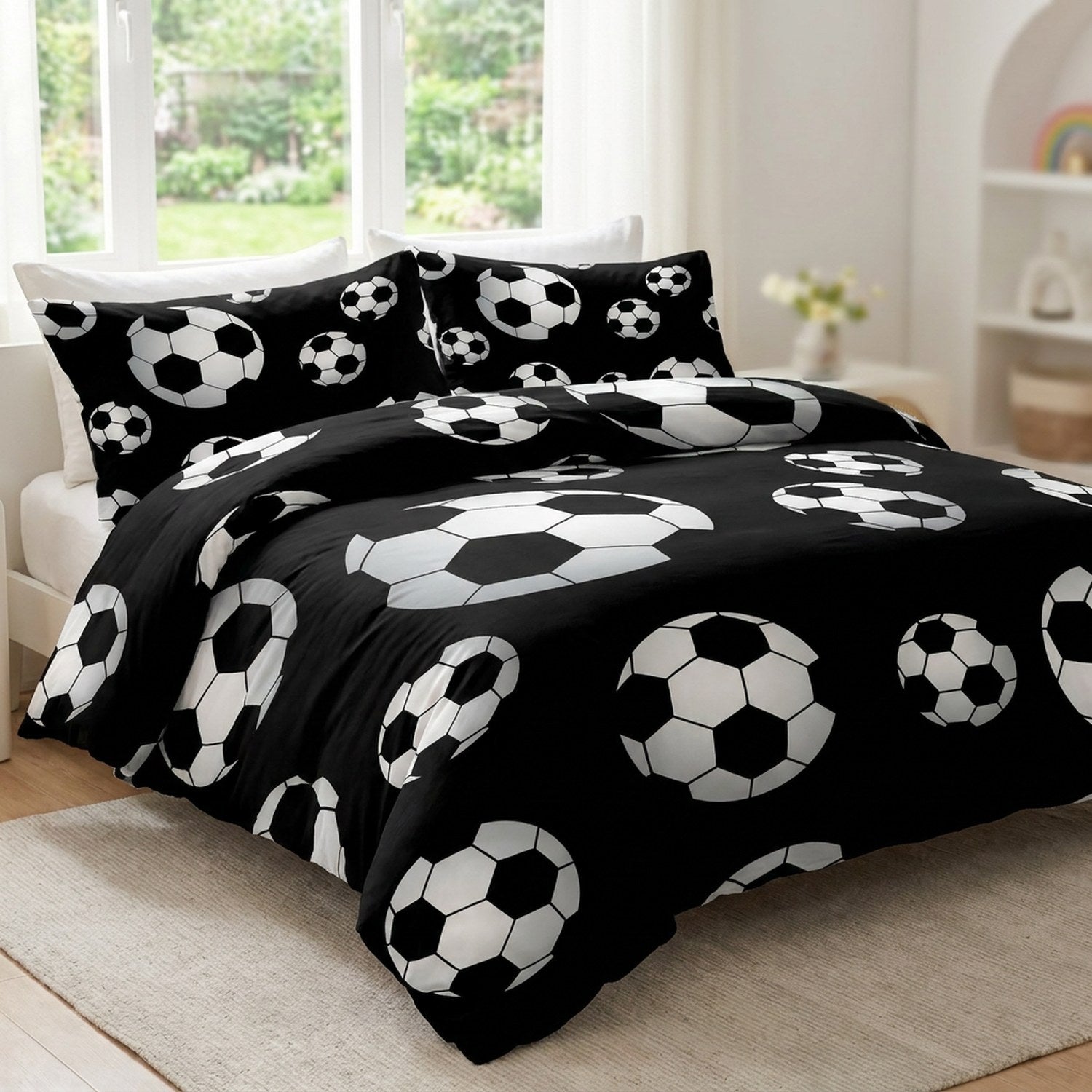 Housse de couette football noire sur un lit près d'une fenêtre donnant sur un jardin