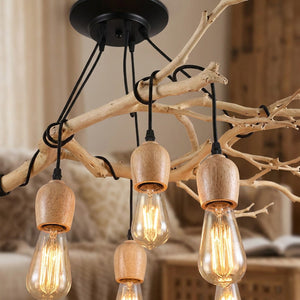 Gros plan sur les douilles en bois et les ampoules Edison suspendues à la branche