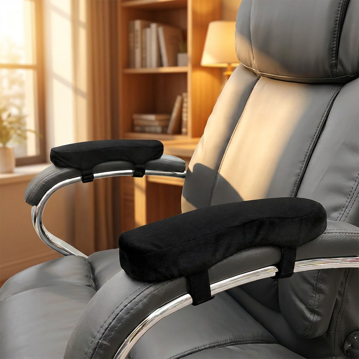 Deux coussins d'accoudoir noirs fixés sur les accoudoirs d'un fauteuil de bureau