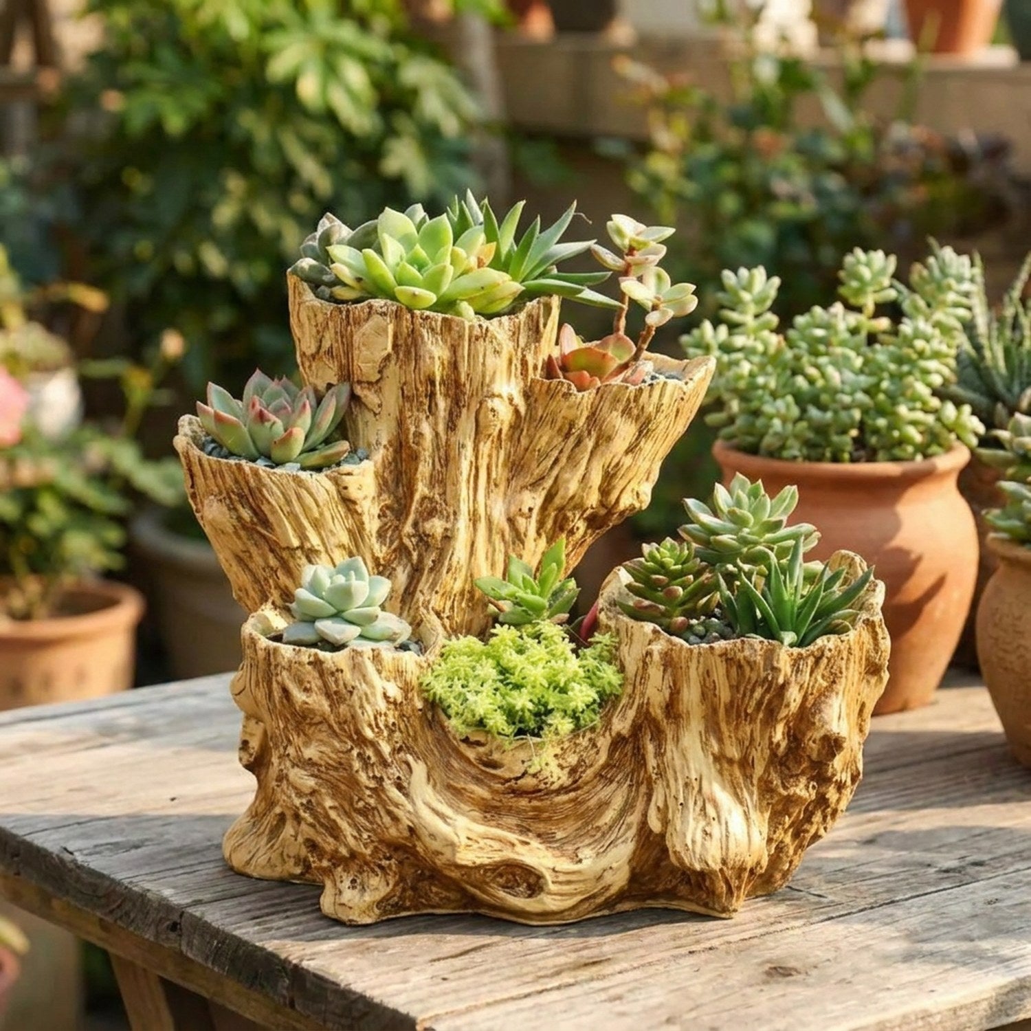 Pot succulentes tronc d'arbre sur une table de jardin ensoleillée