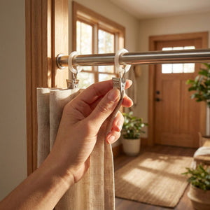 Main accrochant un rideau en lin beige à une tringle de porte avec une pince métal