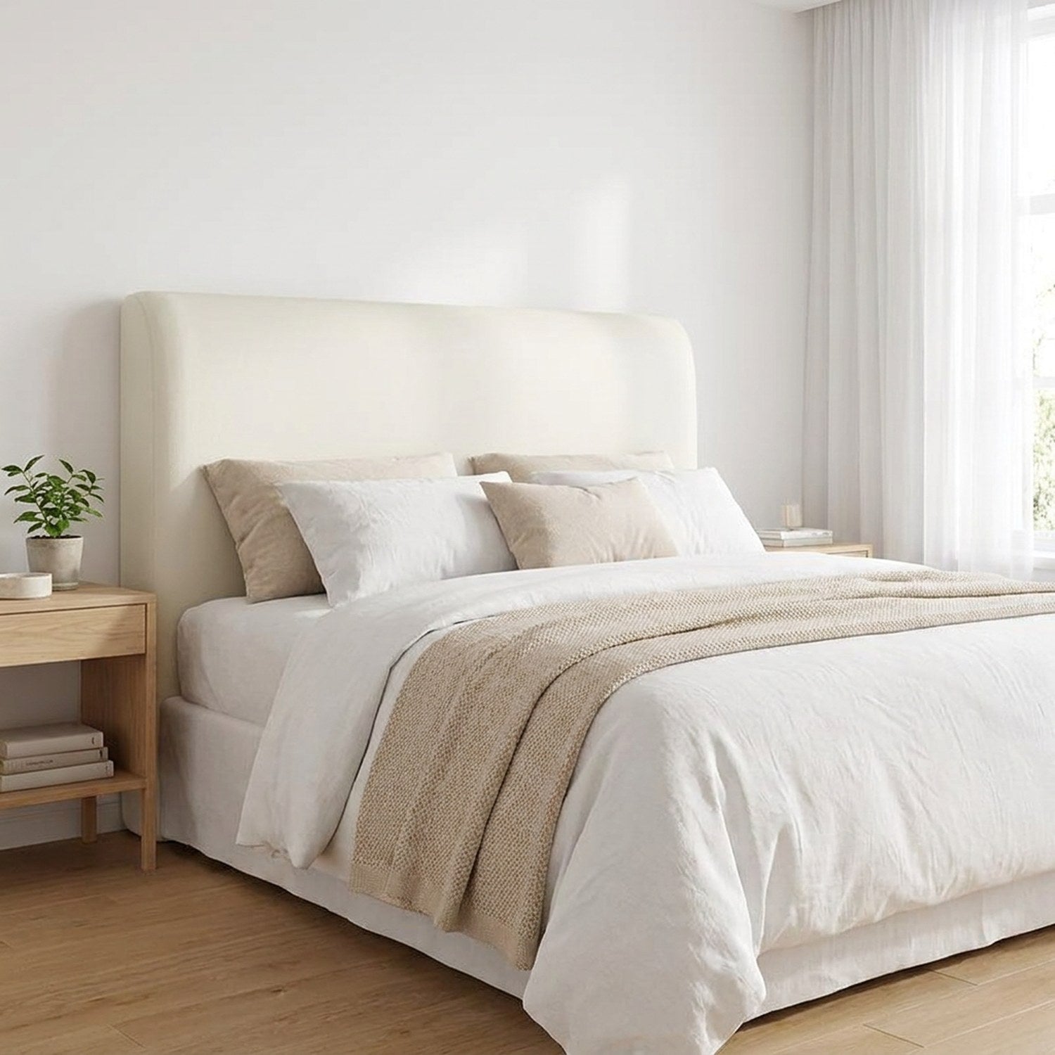 Housse de tête de lit effet cuir blanc dans une chambre scandinave lumineuse
