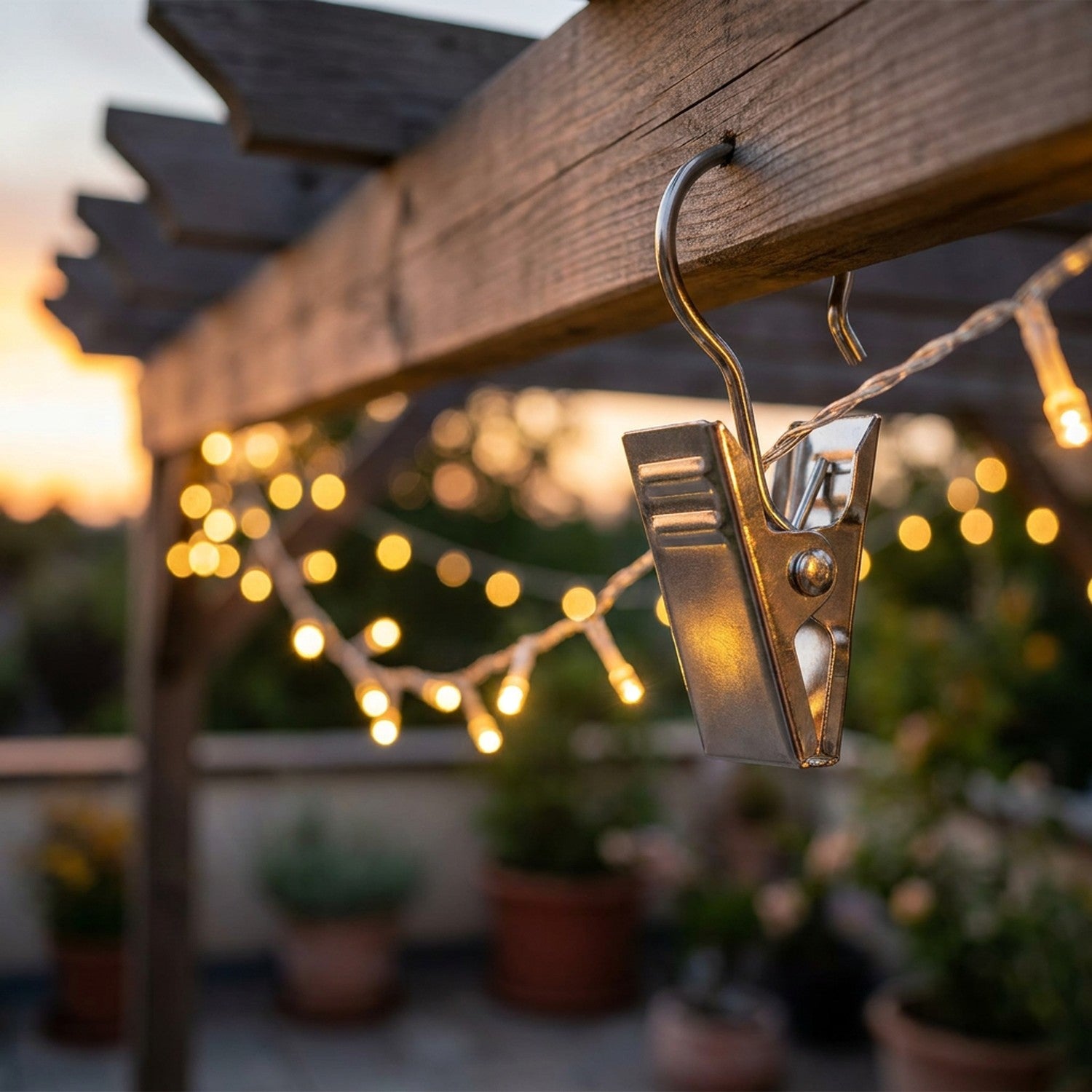 Guirlande lumineuse suspendue à une poutre de terrasse grâce à une pince métallique au coucher du soleil