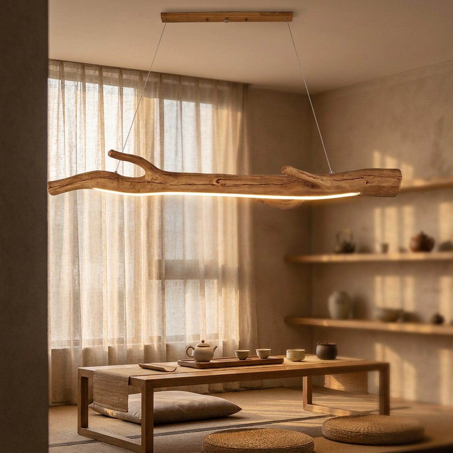 Lustre en résine noire suspendu dans un salon moderne avec canapé et lumière tamisée le soir