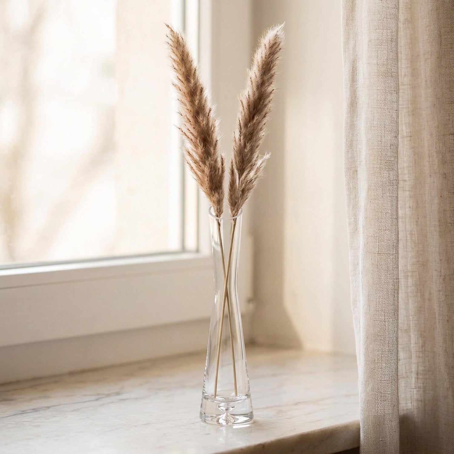 Vase soliflore en verre avec des herbes de la pampa près d'une fenêtre