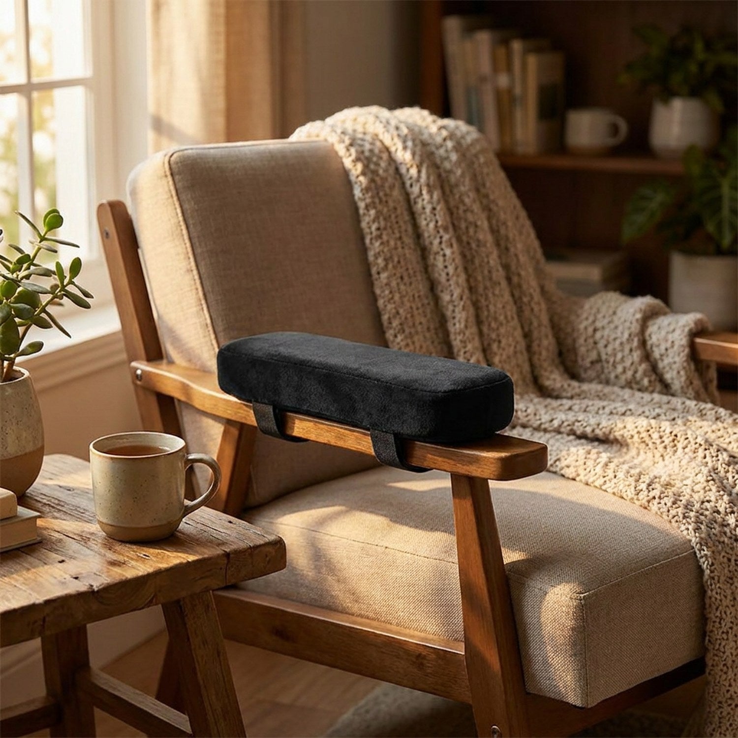 Coussin d'accoudoir noir fixé sur le bras d'un fauteuil cosy avec plaid et plante