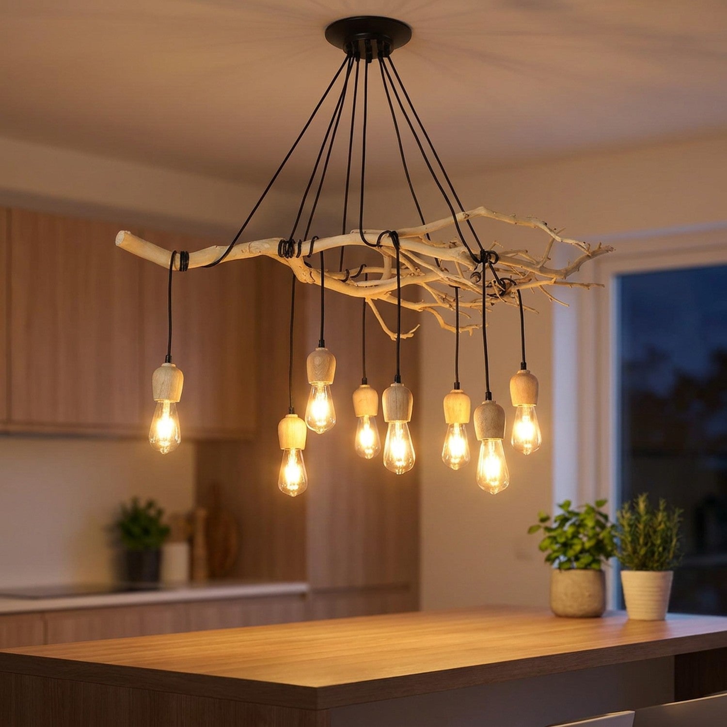 Lustre araignée bois flotté illuminé au-dessus d'un îlot de cuisine en bois le soir