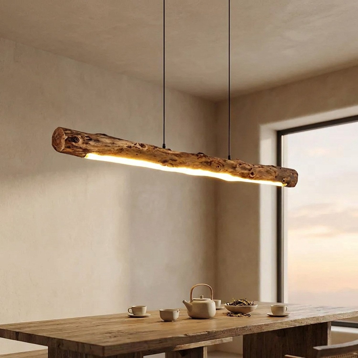 Suspension en bois naturel allumée au-dessus d'une table dressée pour le thé