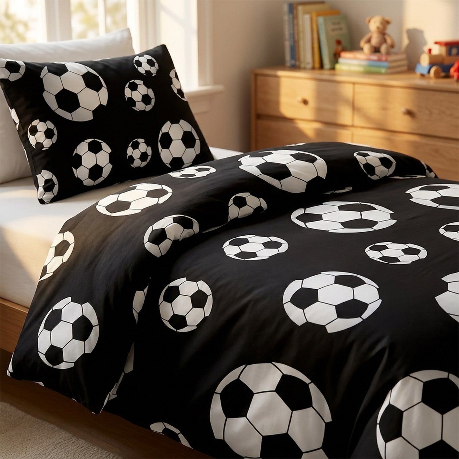 Gros plan sur le motif ballon de football et la taie d'oreiller assortie