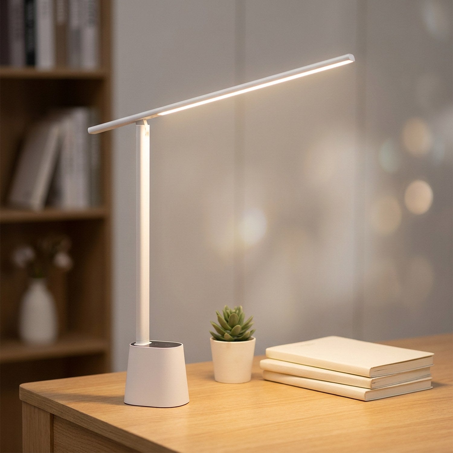 Détail du bras pliable et de la barre lumineuse de la lampe de bureau blanche