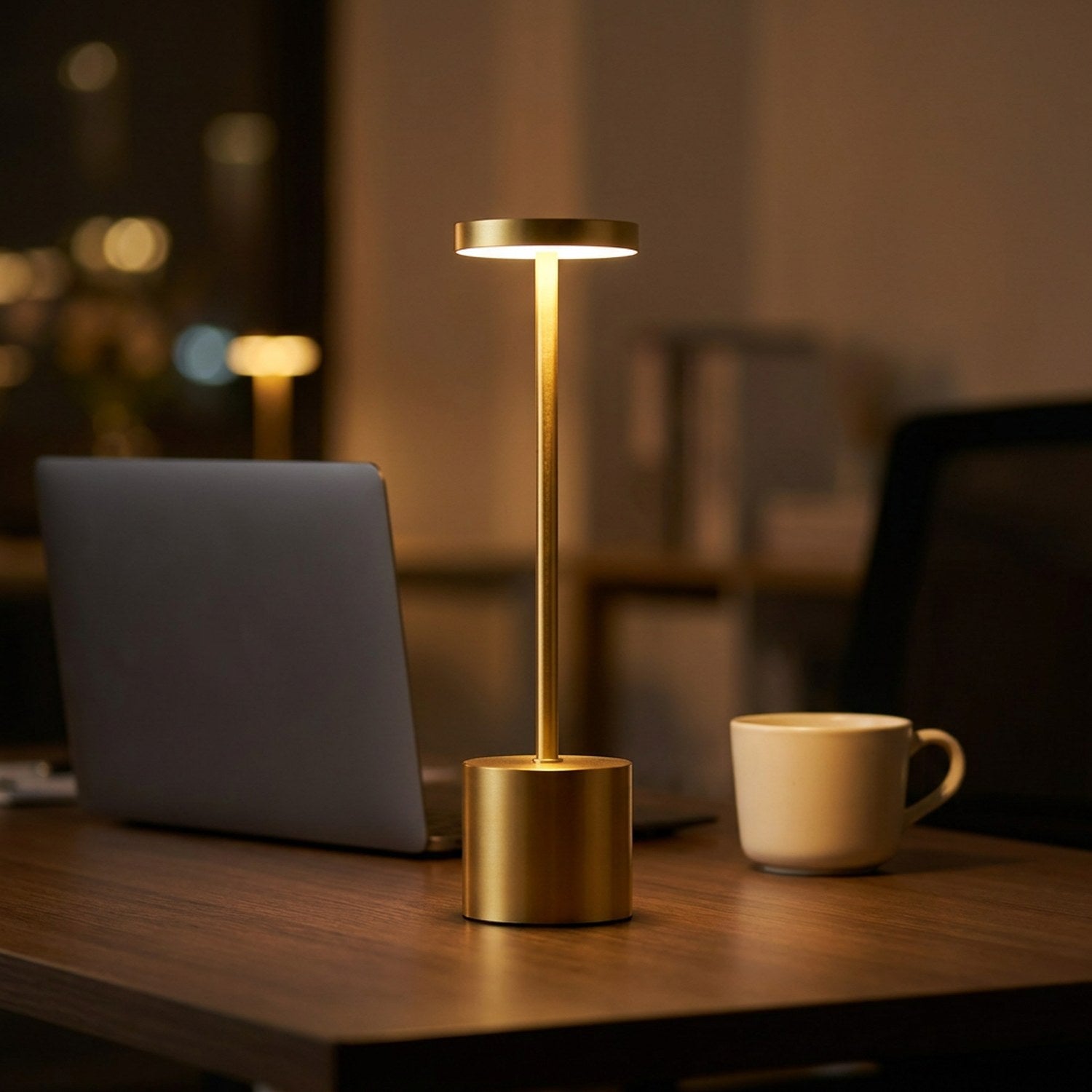 Lampe de table dorée allumée sur un bureau en bois la nuit