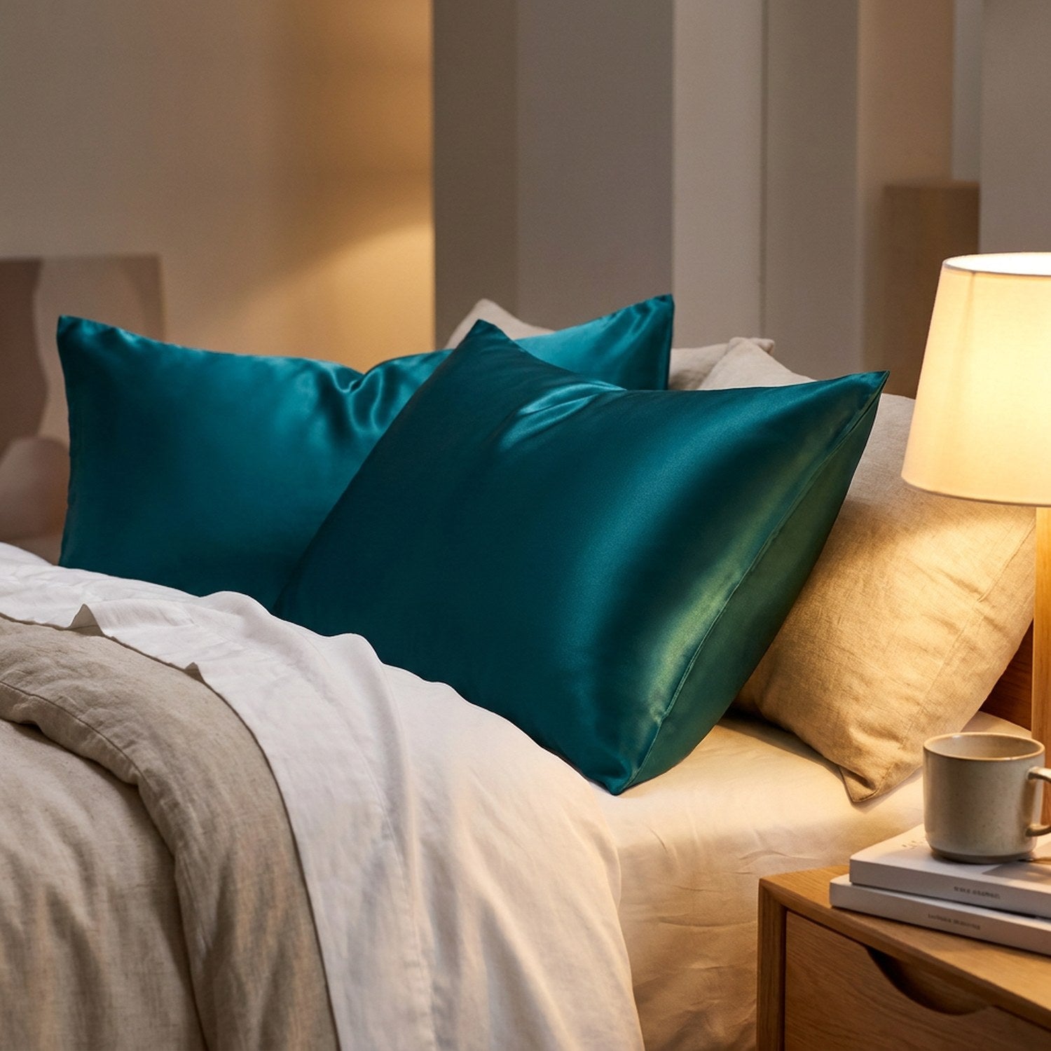 Deux taies d'oreiller en satin turquoise sur un lit avec lampe de chevet allumée