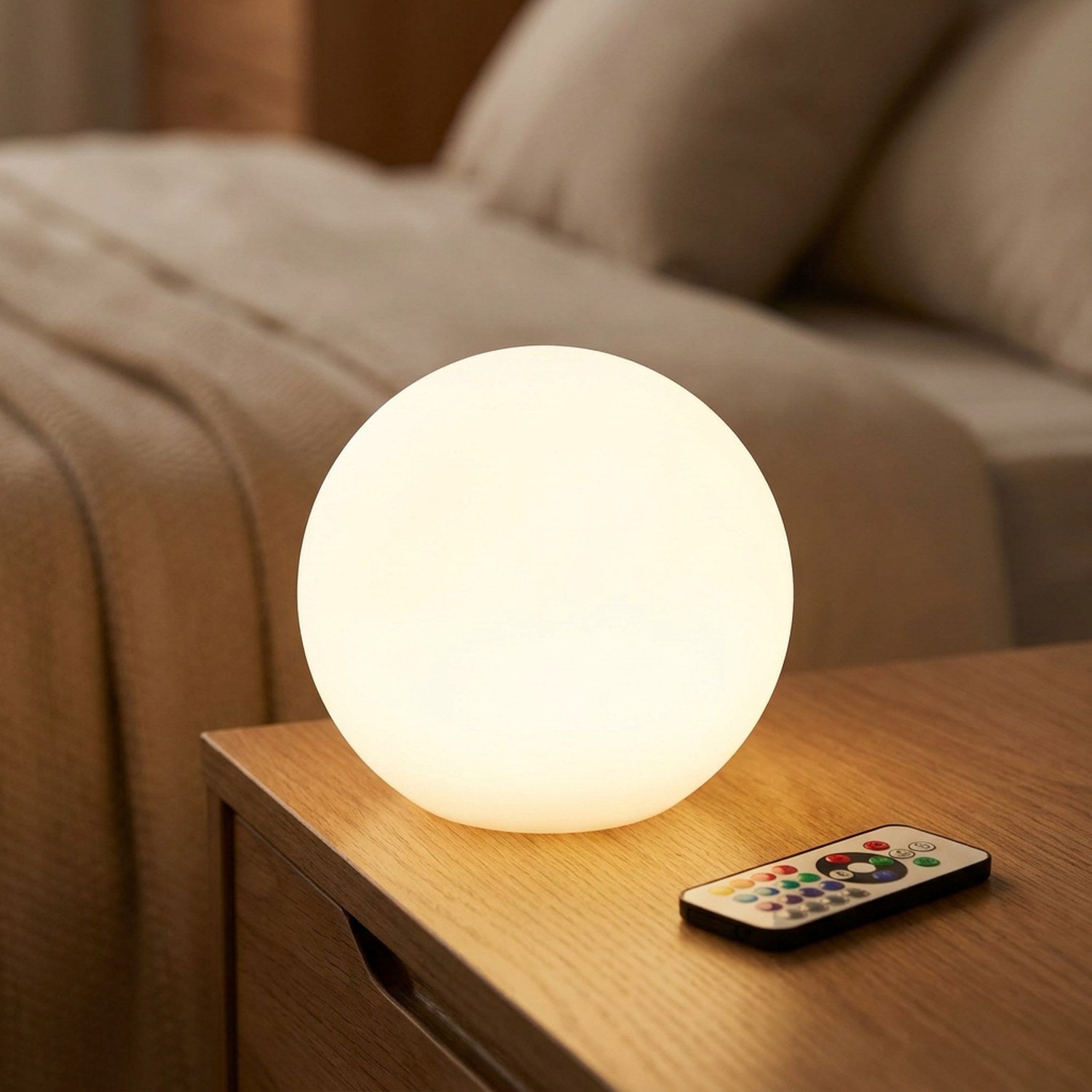 Boule lumineuse LED blanc chaud sur une table de chevet avec sa télécommande