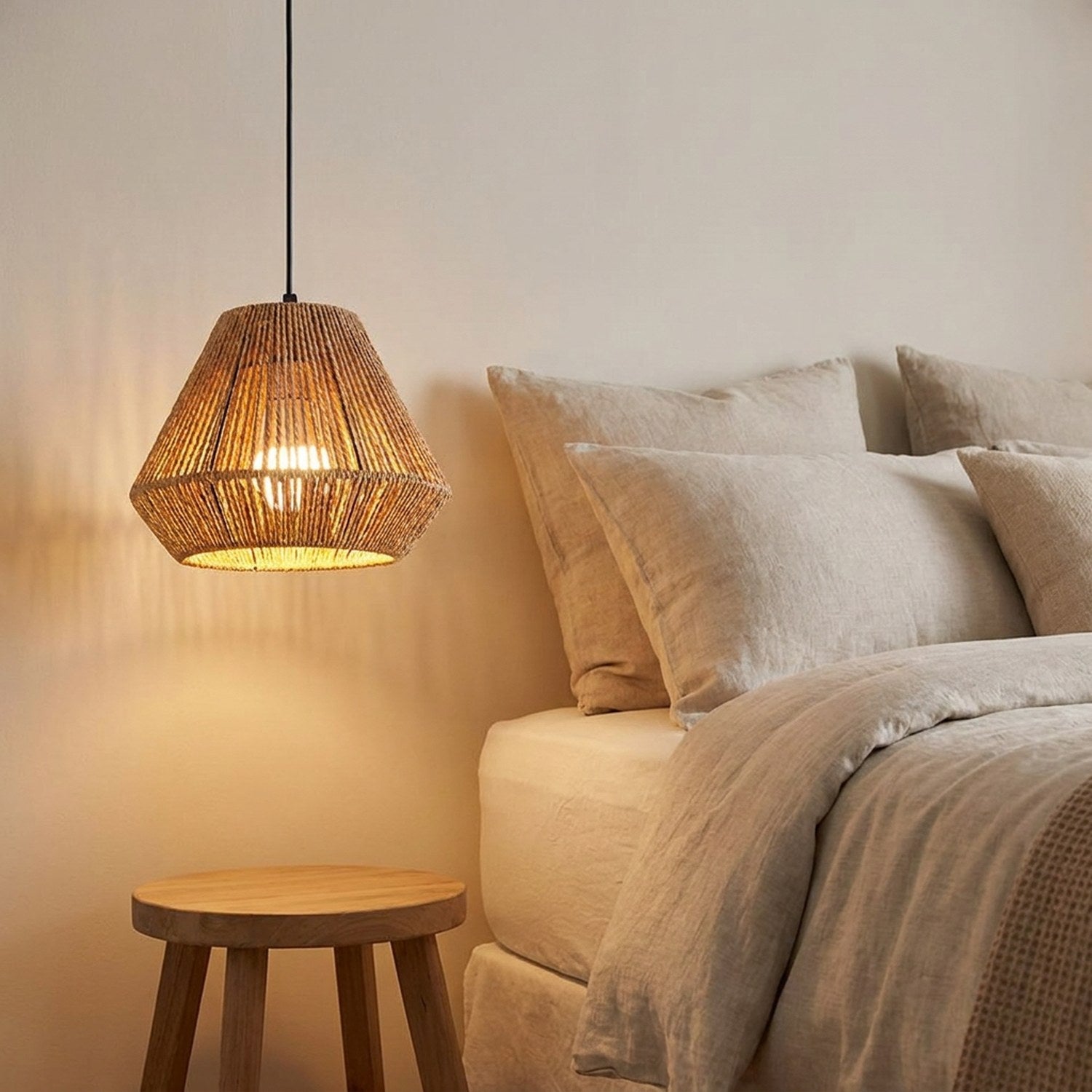 Suspension rotin bohème dans un coin chambre cosy
