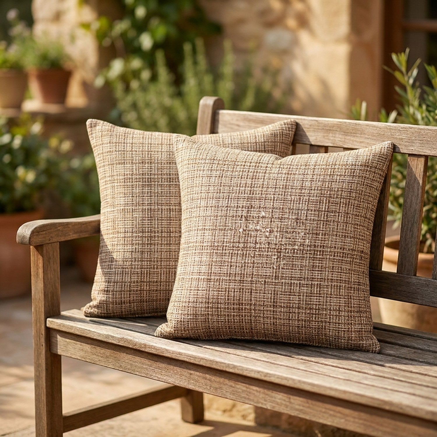 Deux housses de coussin beige imperméables sur un banc en bois dans un jardin ensoleillé