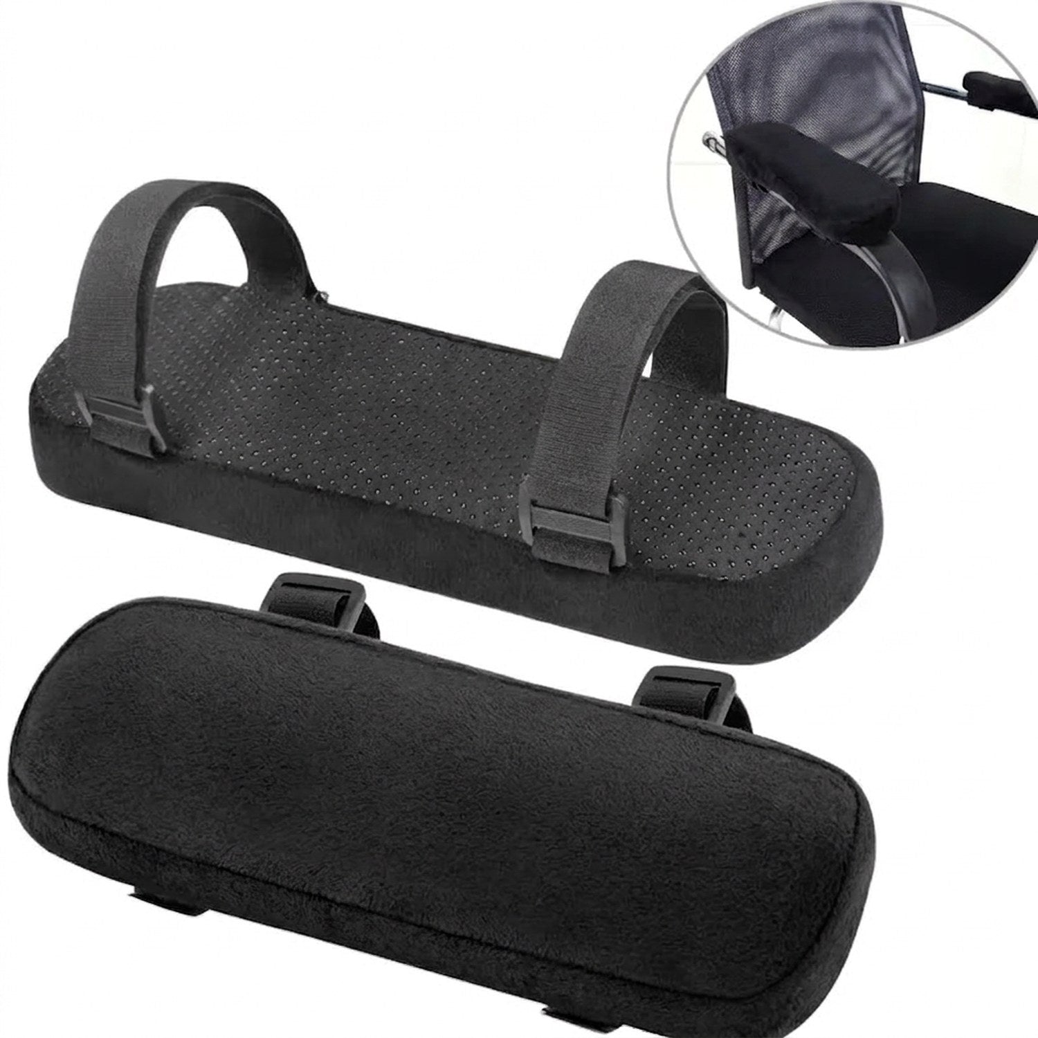Coussin d'accoudoir noir vu de dessus avec ses sangles de fixation réglables