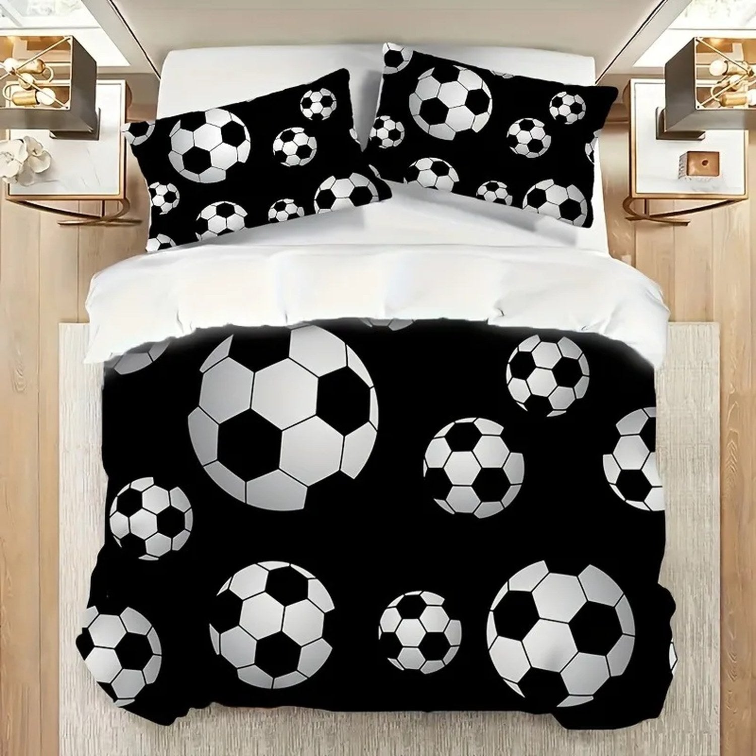 Housse de couette et taies assorties imprimées ballons de football noirs