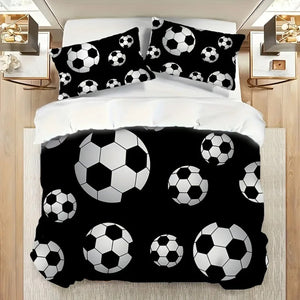 Housse de couette et taies assorties imprimées ballons de football noirs