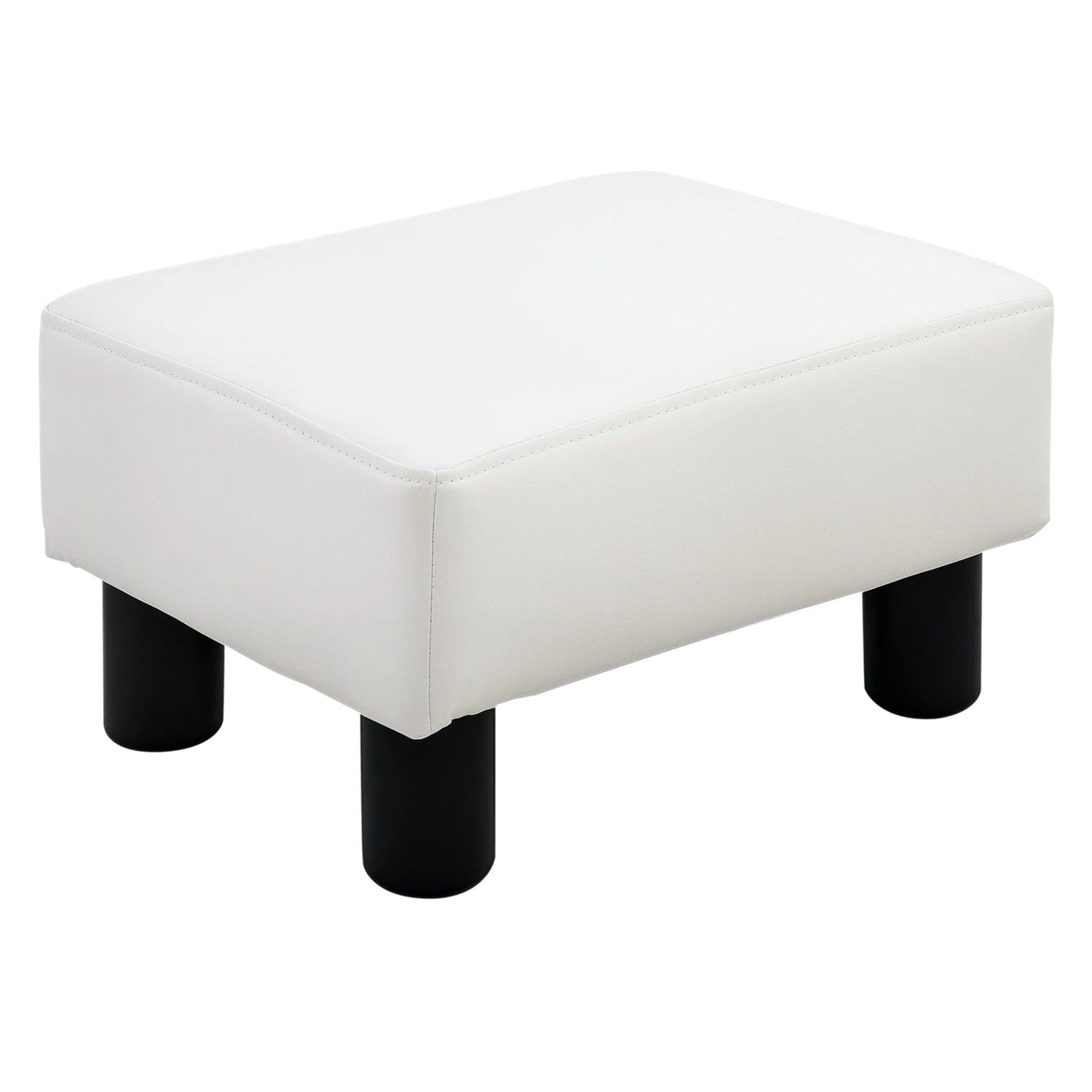 Tabouret repose-pieds blanc en similicuir vu de trois quarts avec ses quatre pieds cylindriques noirs