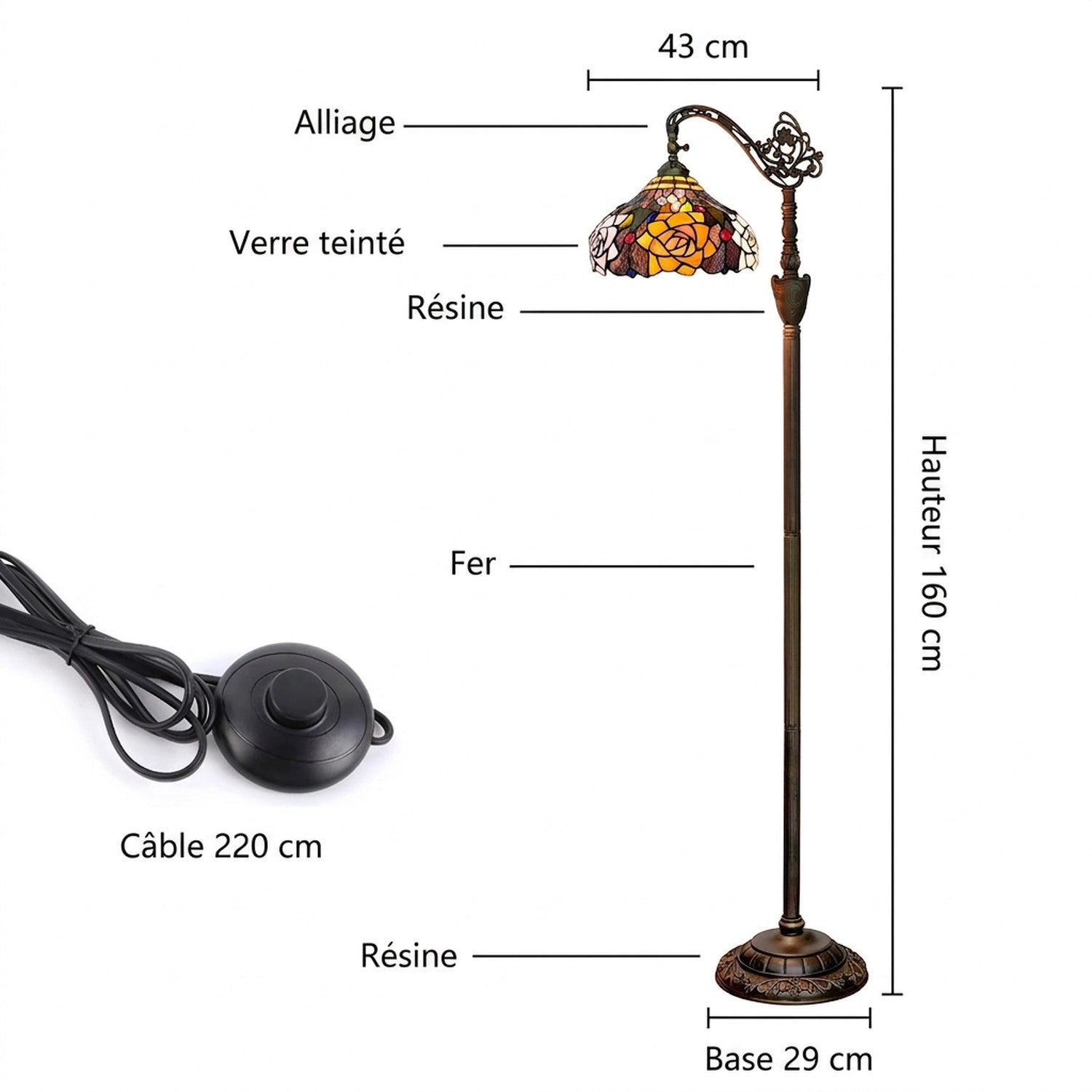 Dimensions du lampadaire style Tiffany hauteur 160 cm base 29 cm câble 220 cm
