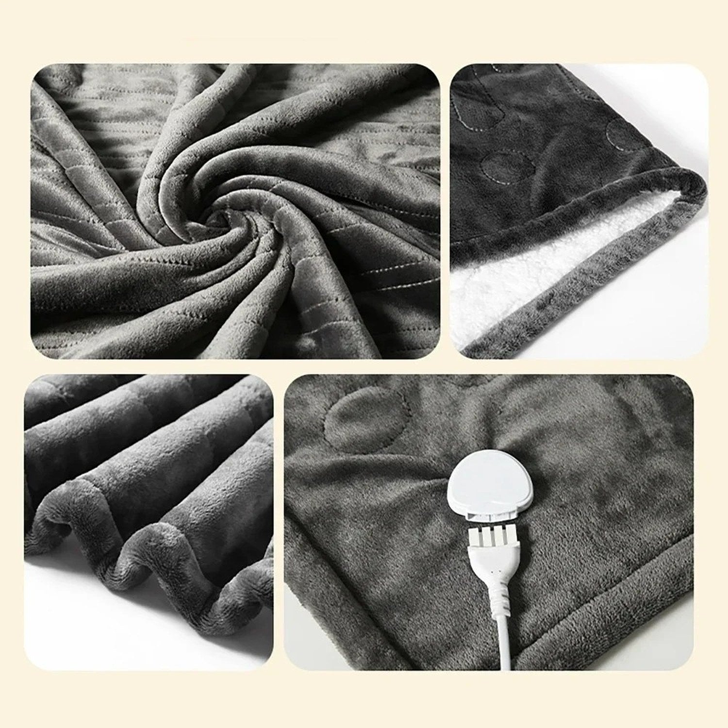 Détails de la couverture chauffante flanelle grise doublure sherpa et commande amovible