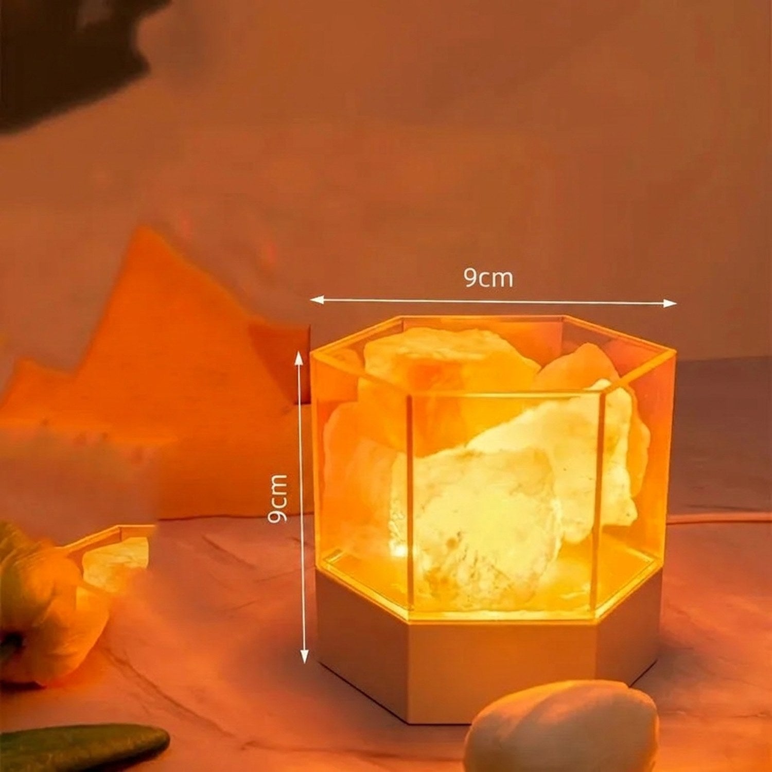Dimensions de la lampe de sel hexagonale, 9 cm de hauteur et 9 cm de largeur