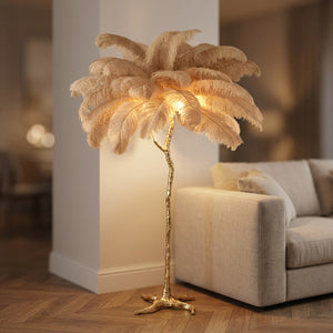 Lampadaire en plumes d'autruche beige sur pied branche doré
