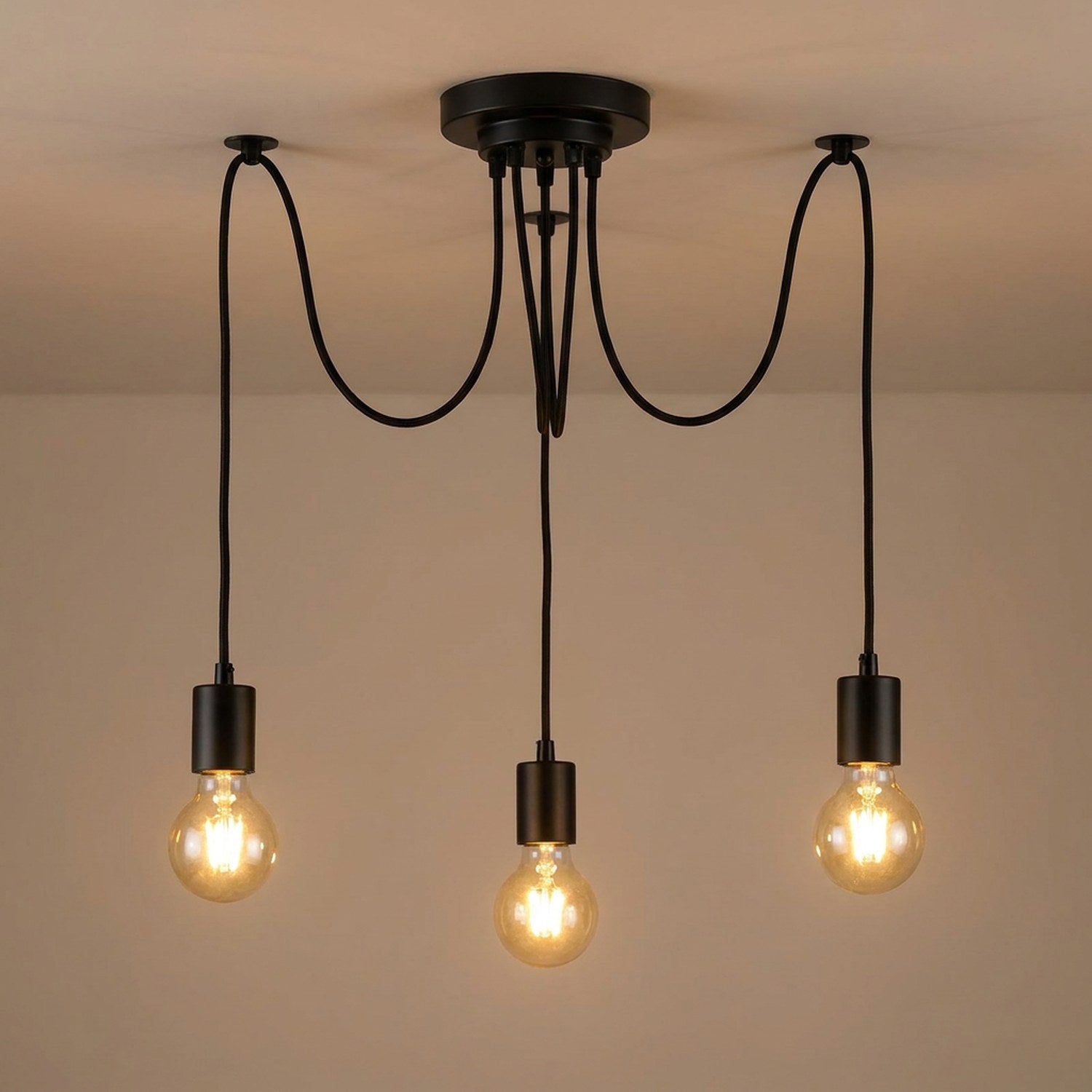Lustre araignée modèle 3 lampes en métal noir avec ampoules à filament