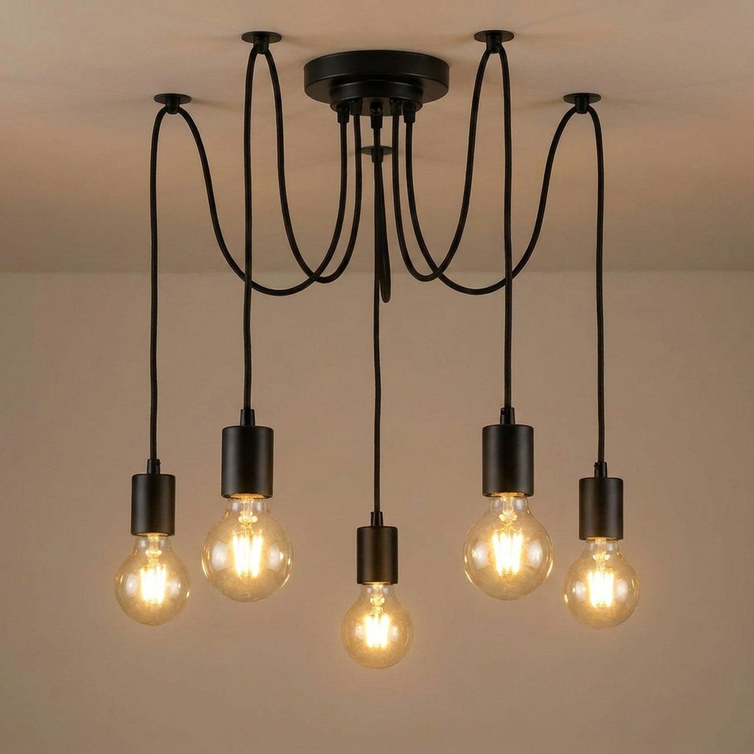 Lustre araignée modèle 5 lampes en métal noir avec ampoules à filament