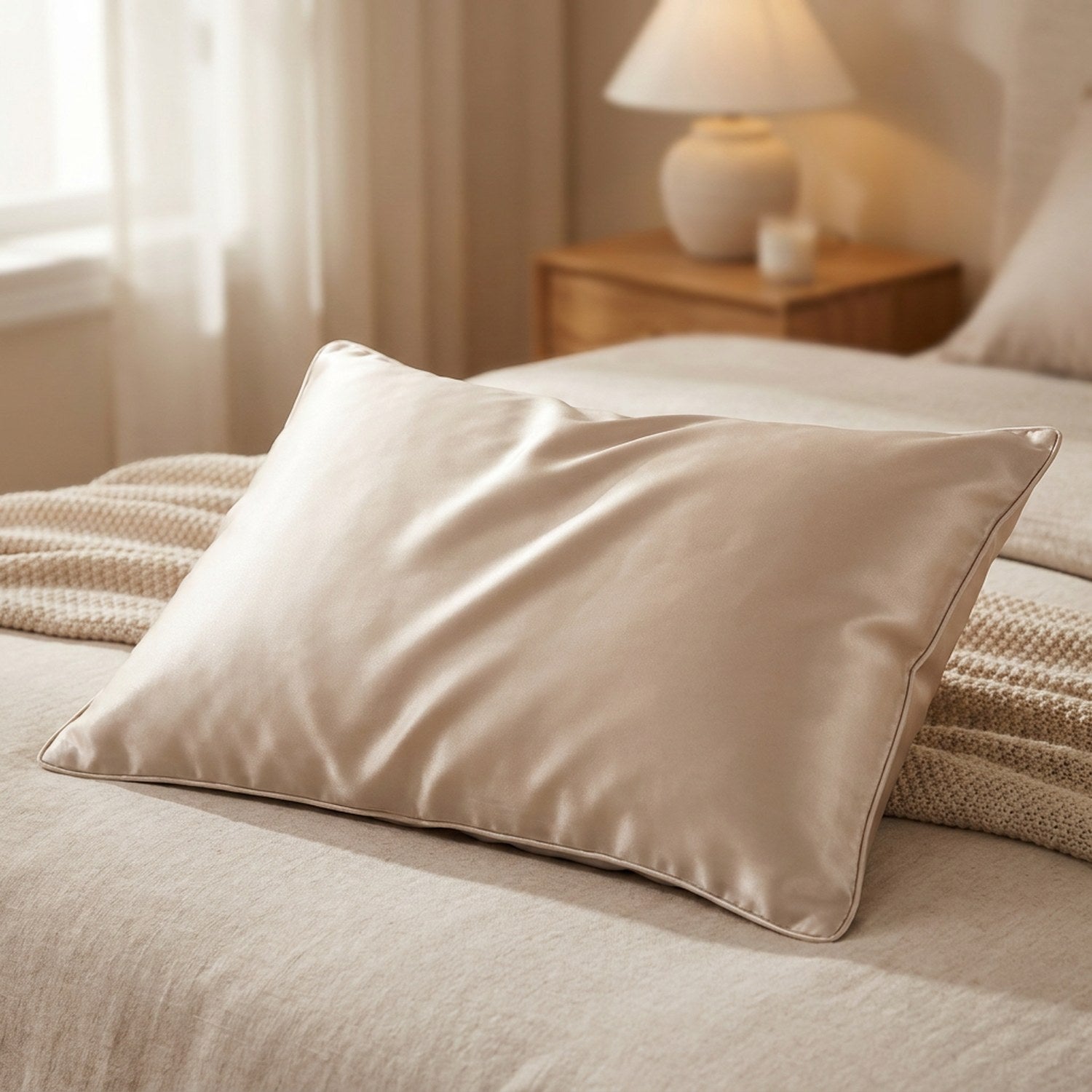 Taie d'oreiller en soie beige posée sur un lit avec couverture tricotée