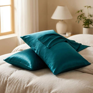 Deux taies d'oreiller en satin turquoise sur un lit