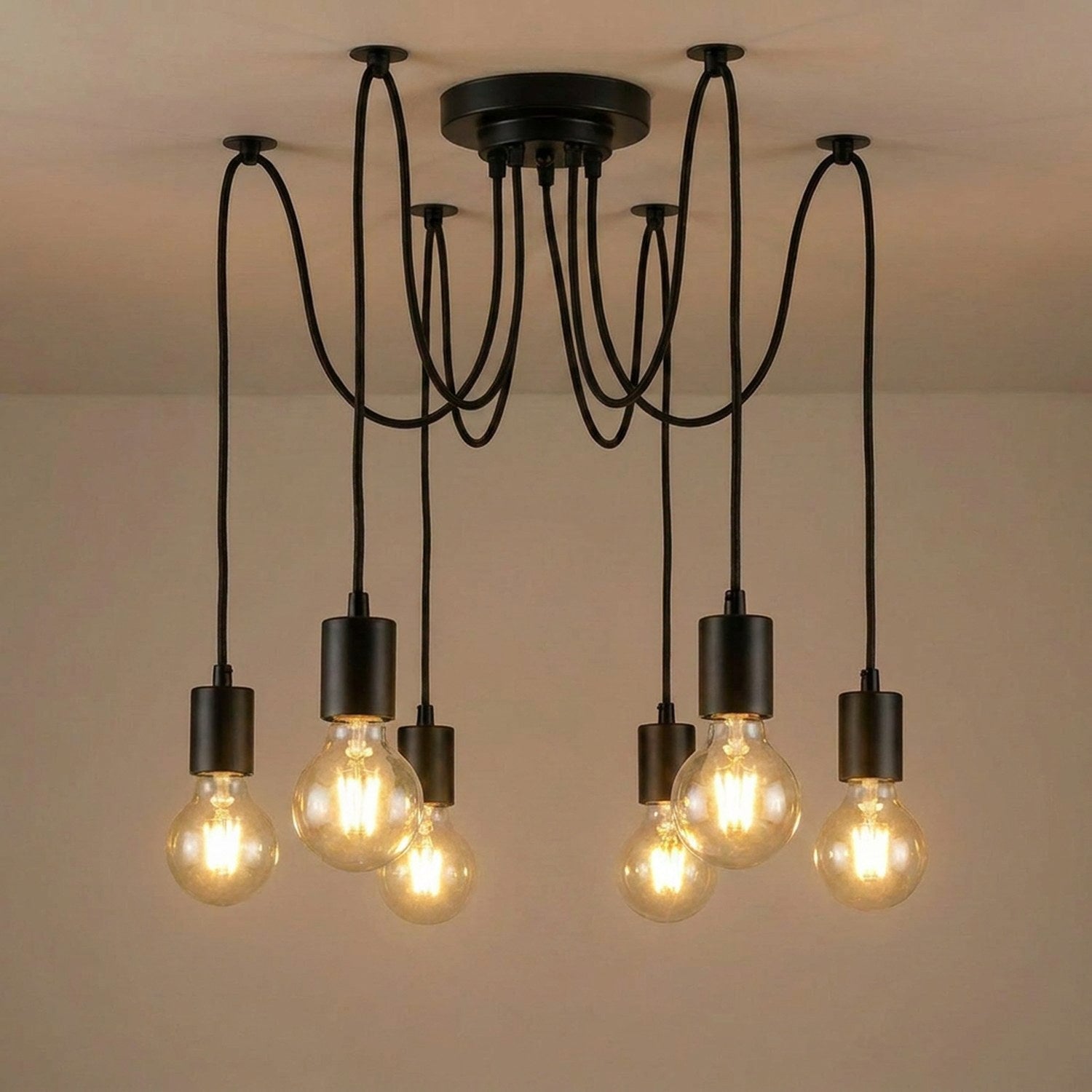 Lustre araignée modèle 6 lampes en métal noir avec ampoules à filament
