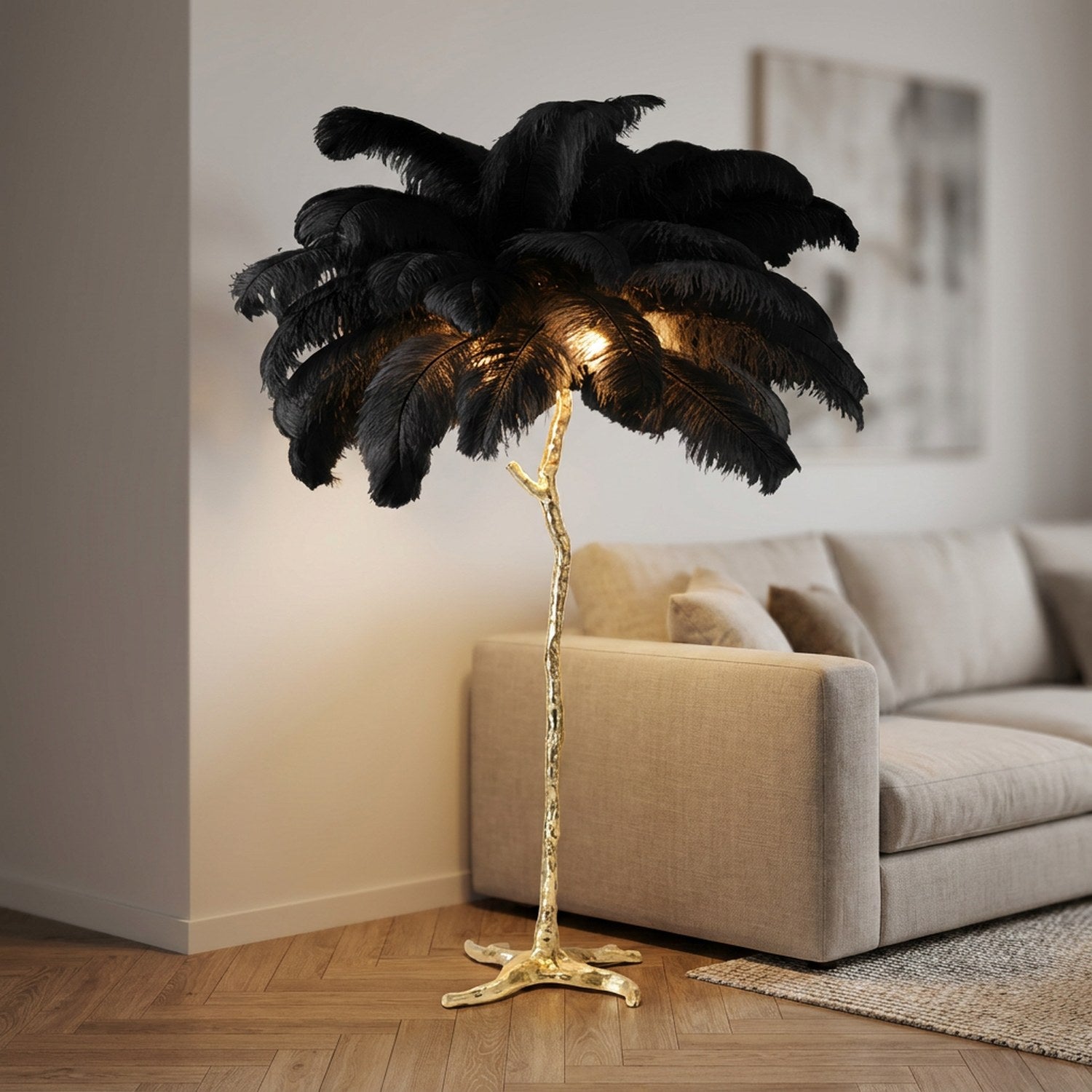 Lampadaire en plumes d'autruche noir sur pied branche doré
