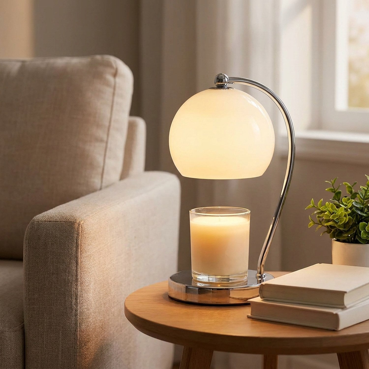 Lampe chauffe-bougie blanche posée sur une table basse dans un salon cosy