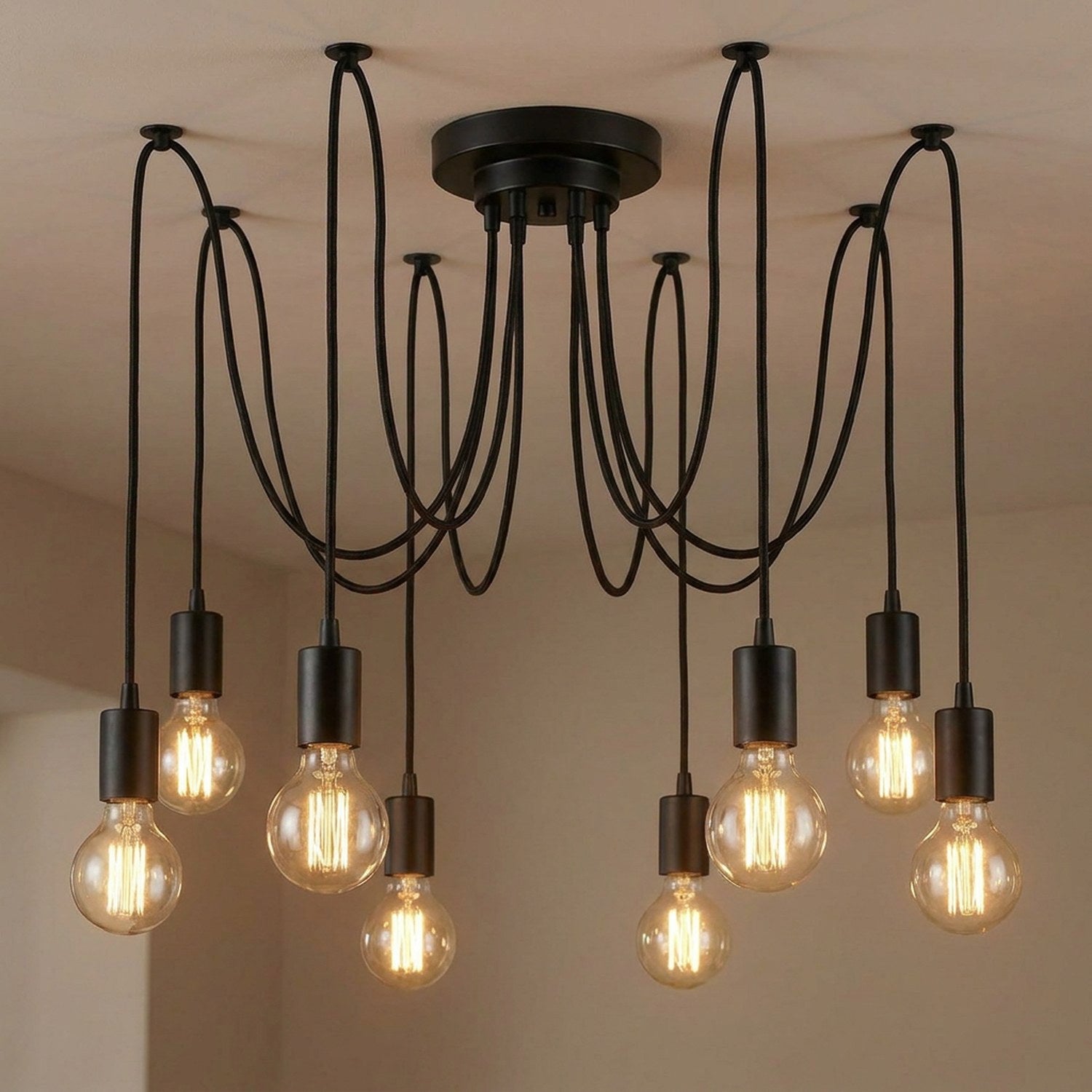 Lustre araignée modèle 8 lampes en métal noir avec ampoules à filament