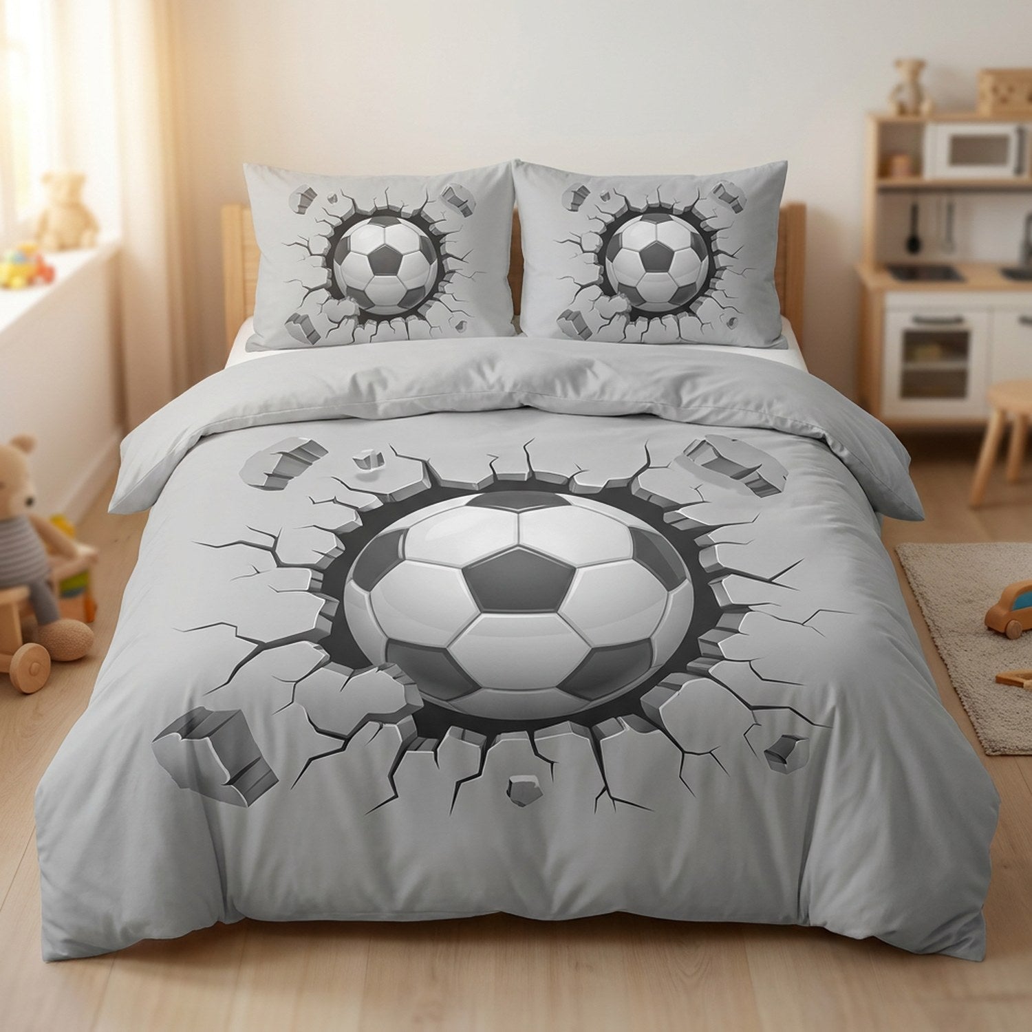 Housse de couette football motif effet 3D mur brisé sur un lit dans une chambre d'enfant
