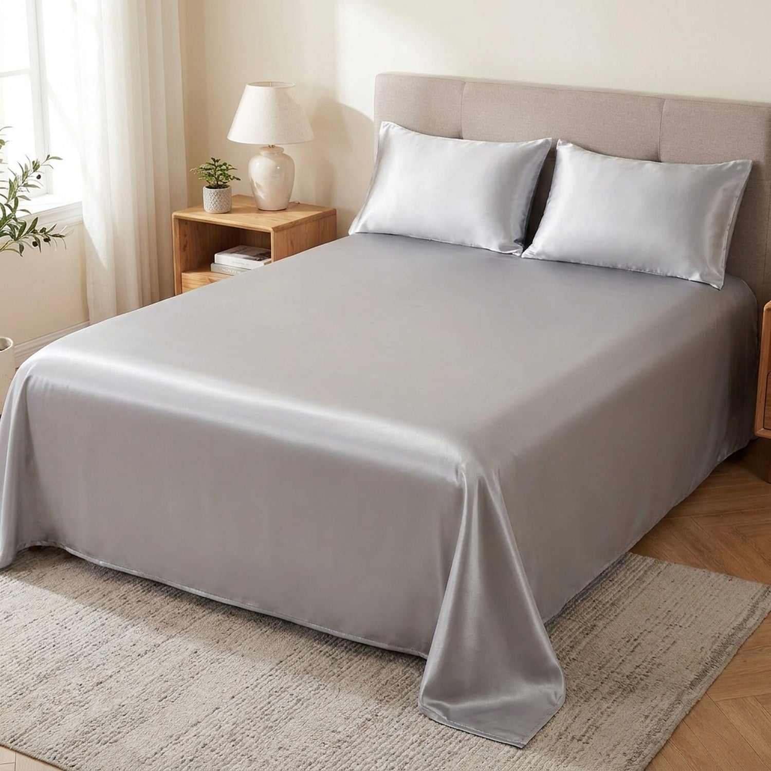 Drap housse en satin argenté sur un lit dans une chambre lumineuse