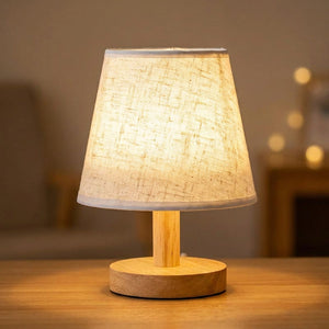 Lampe de chevet rétro coloris blanc en lin et bois