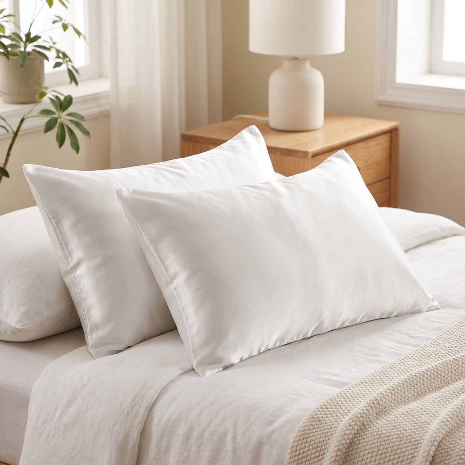 Deux taies d'oreiller en satin blanc sur un lit