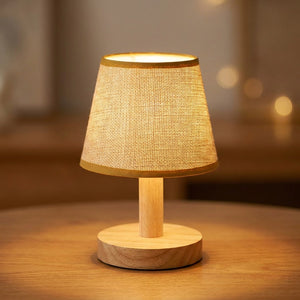 Lampe de chevet rétro coloris beige en lin et bois
