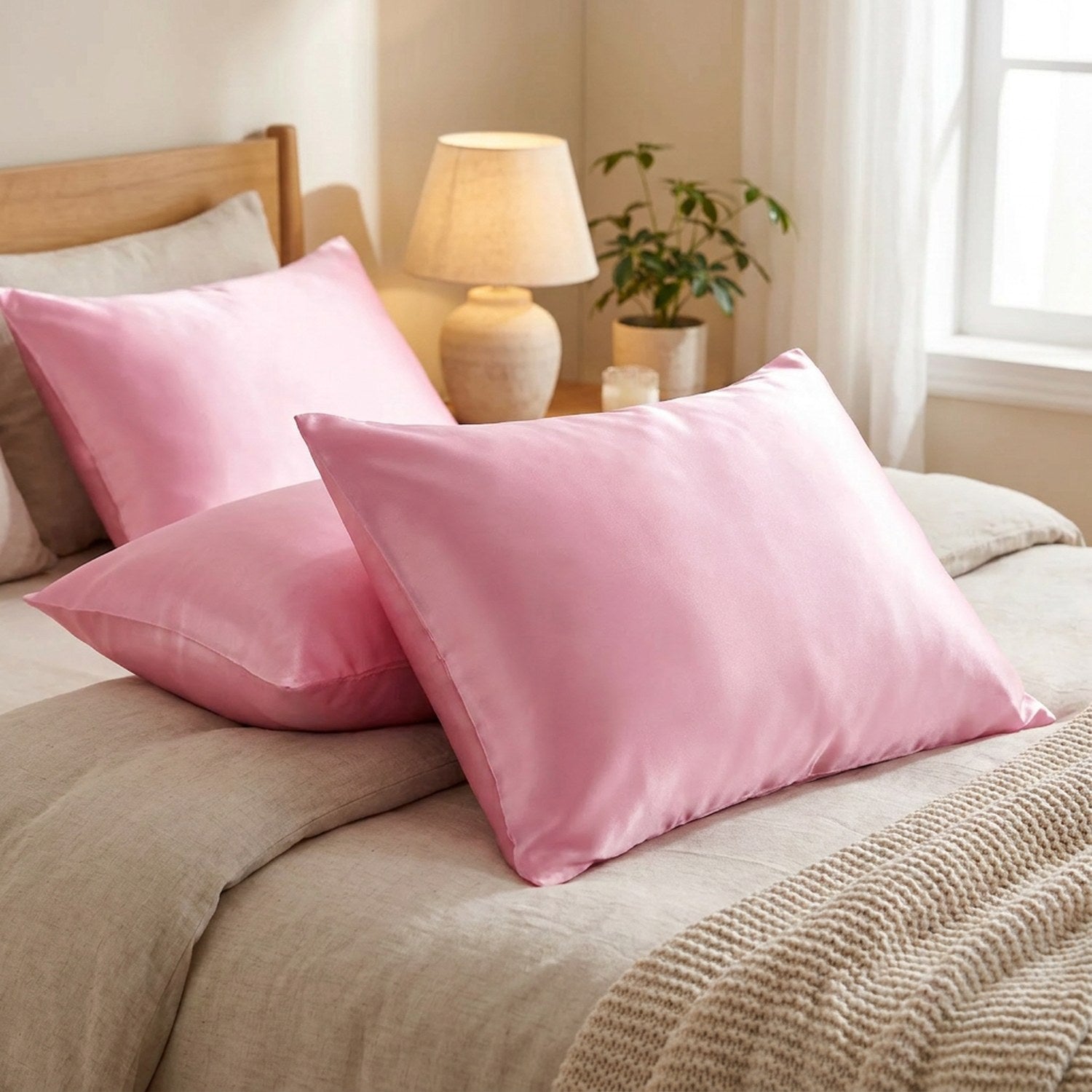 Deux taies d'oreiller en satin rose sur un lit