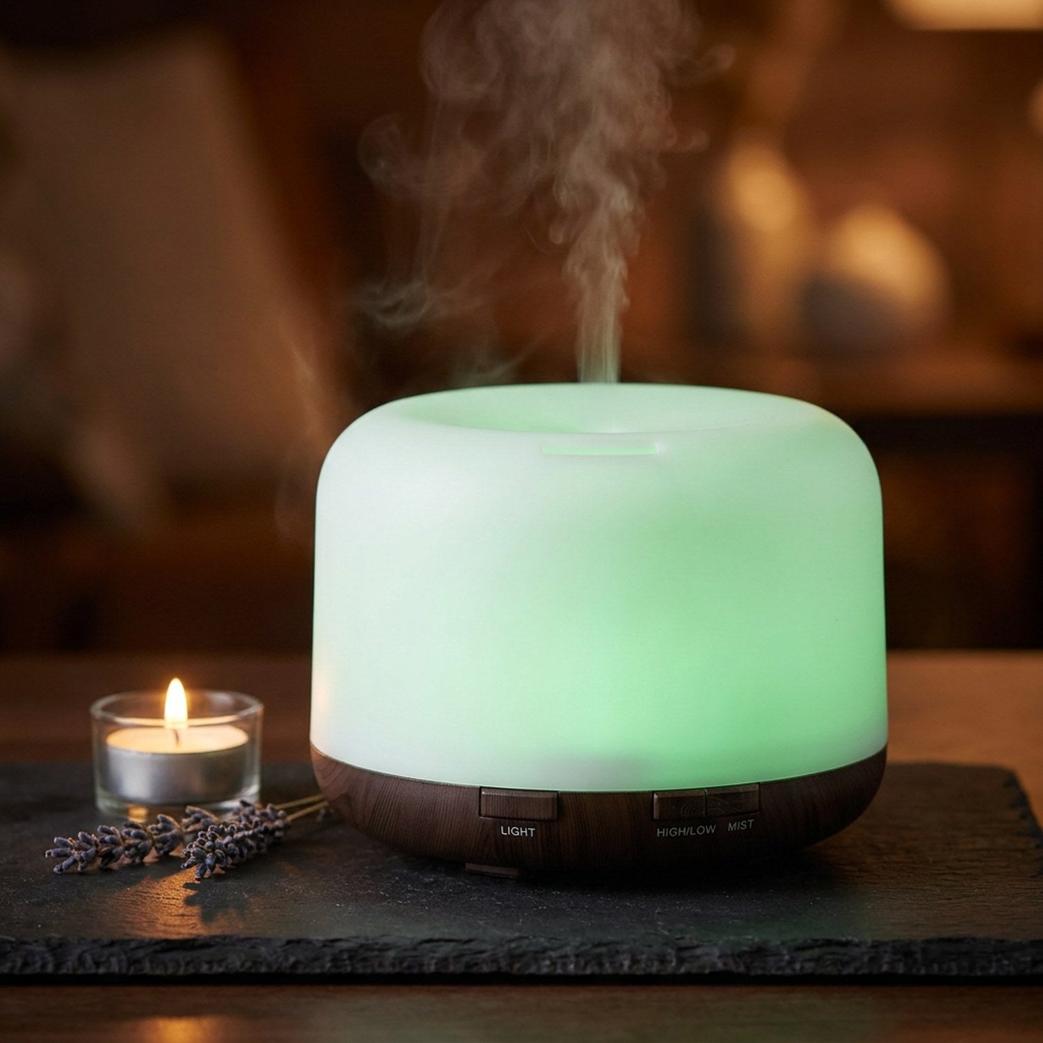 Diffuseur arôme bois foncé lumière verte