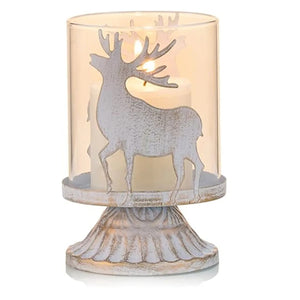 Bougeoir photophore Renne de Noël en verre et métal blanc doré