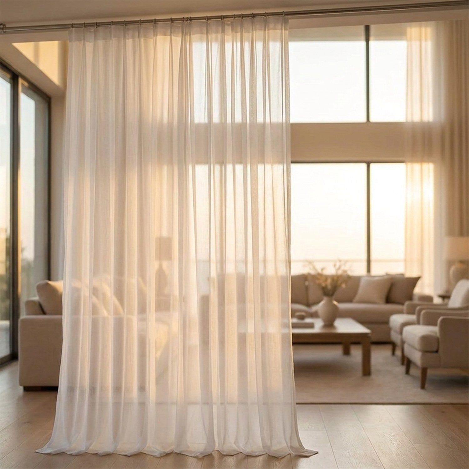 Voilage blanc mousseline taille 500 x 270 cm devant une grande baie vitrée de villa lumineuse